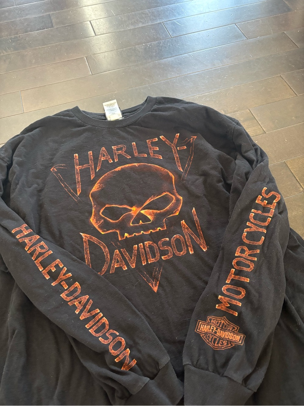 Harley-Davidson Black Long-Sleeve Skull Logo Shirt with Orange Graphics